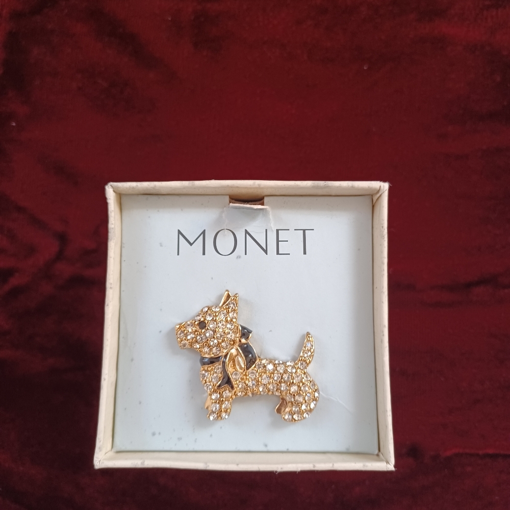 Monet, rhinestone Scotty dog brooch